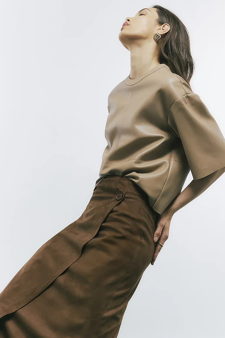 Brown Faux Suede Wrap Midi Skirt - 3