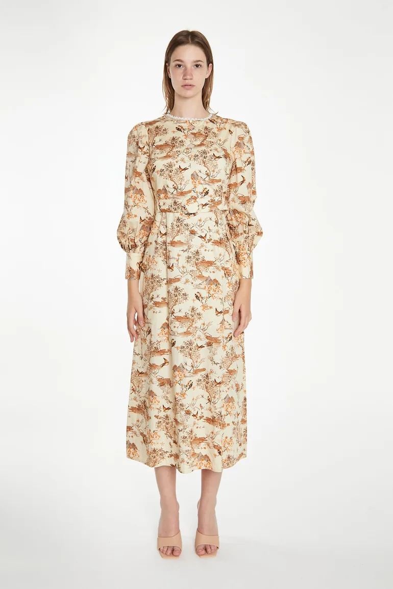 Tan Multi Blossom Long-Sleeve Belted Dress