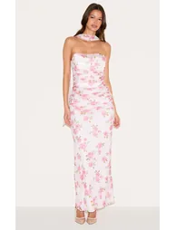 Pink Floral Scarf Detail Ruched Maxi Dress