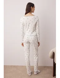 White-Blue 100% Cotton Floral Ribbon/Bow Corduroy/Pointel Knitted Pajama Set - 3
