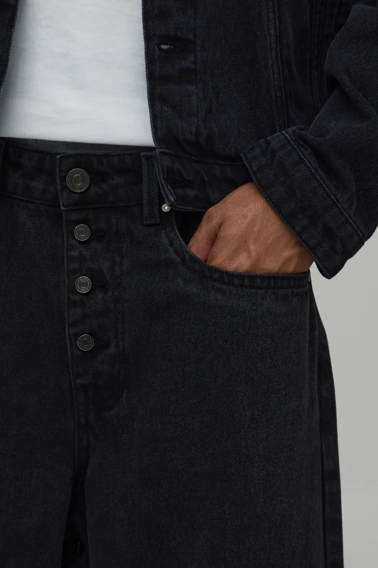 Asymmetric Button Through Baggy Fit Jeans - washed black - 3