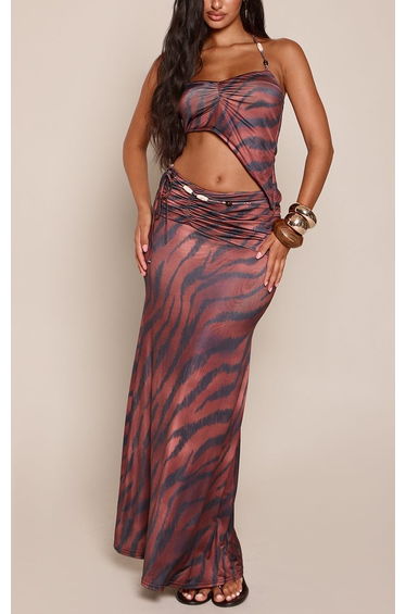 Brown Zebra Print Slinky Bead Detail Ruched Waist Maxi Skirt Co-ord product thumbnail 2