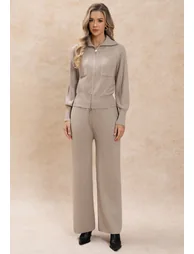 Patch Pockets Double-Zip Knit Cardigan and Pants Set in Camel - 1