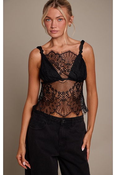 Black Sheer Lace Twist Detail Tie Back Cami product thumbnail 2