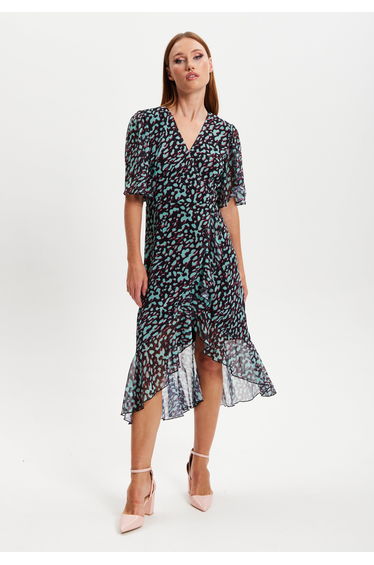 Women's Midi Dress with V-Neck and Long Sleeves in Animal Print Organza . product thumbnail 2