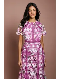 Petite Printed Lace Midi Pencil Dress - 1