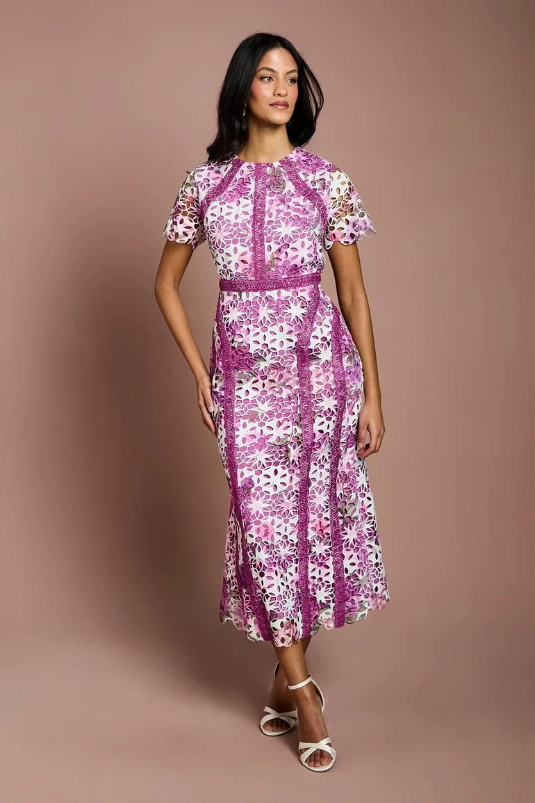 Petite Printed Lace Midi Pencil Dress