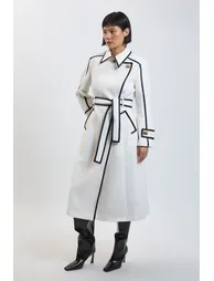 Petite Brushed Wool Pu Trim Belted Tailored Double Breasted Midi Coat