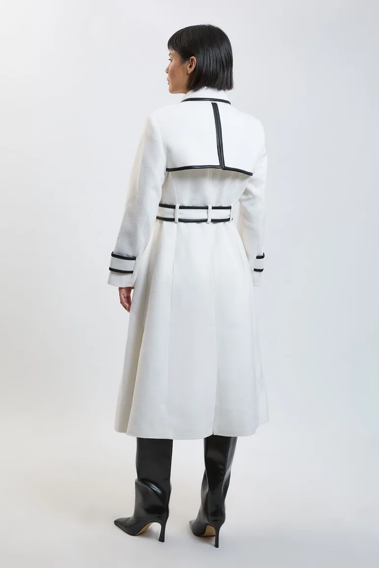 Petite Brushed Wool Pu Trim Belted Tailored Double Breasted Midi Coat - 2
