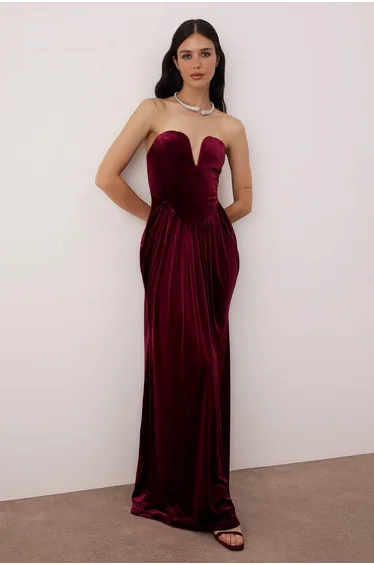 Limited edition burgundy velvet heart neckline maxi evening & prom dress