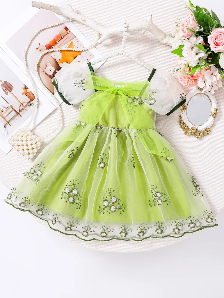 Girls Green Mesh Strappy Dress - 1