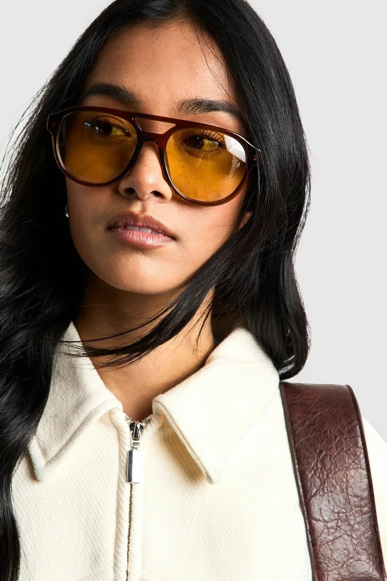 Orange Lenses Retro Aviator Sunglasses - brown
