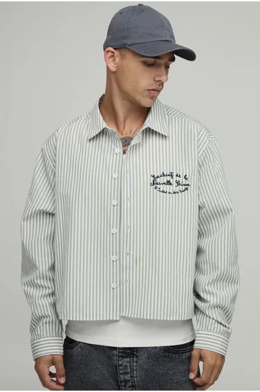 Boxy Crop Stripe Back Print Long Sleeve Shirt - sage