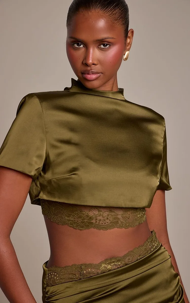 Deep Olive Structured Satin High Neck Top