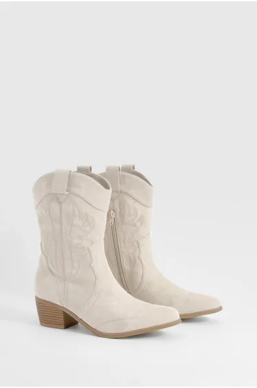 Embroidered Western Ankle Cowboy Boots - light beige