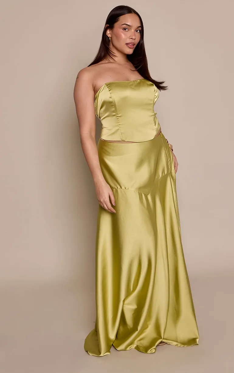 Plus Apple Green Satin Fishtail Maxi Skirt - 1