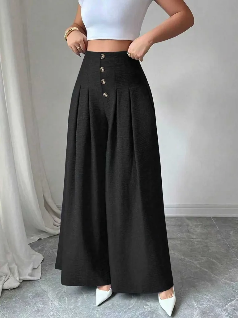 Black Button-Fly Extreme Wide Leg Pants