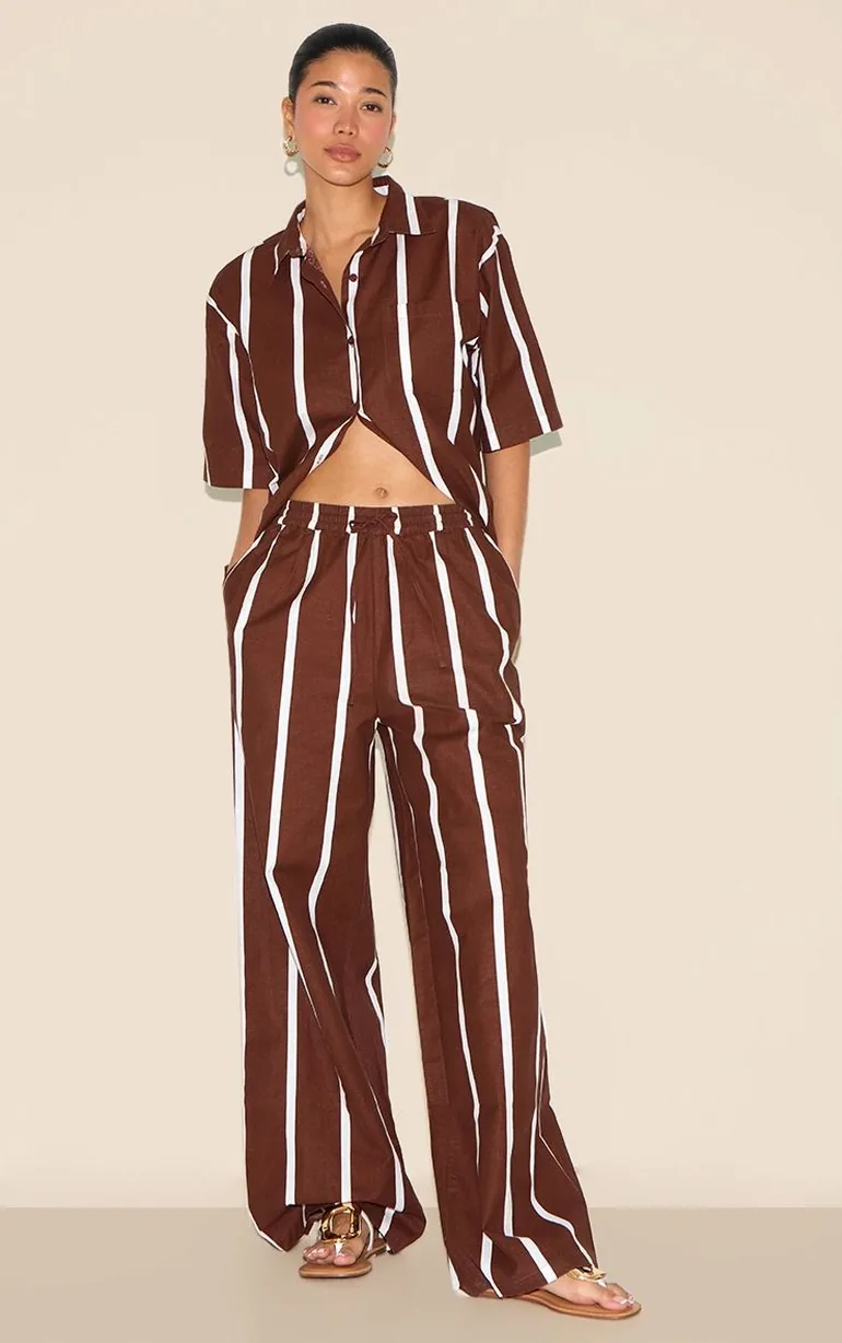 Choc Brown Striped Wide Leg Trousers - 5