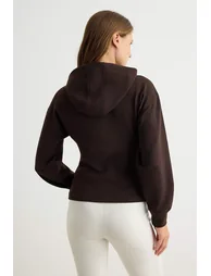 Dark Brown Bodycon Hooded Balloon Sleeve Interlock Knitted Cardigan/Sweatshirt - 4