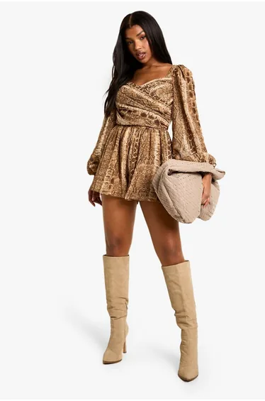 Snake Print Split Sleeve Playsuit - brown