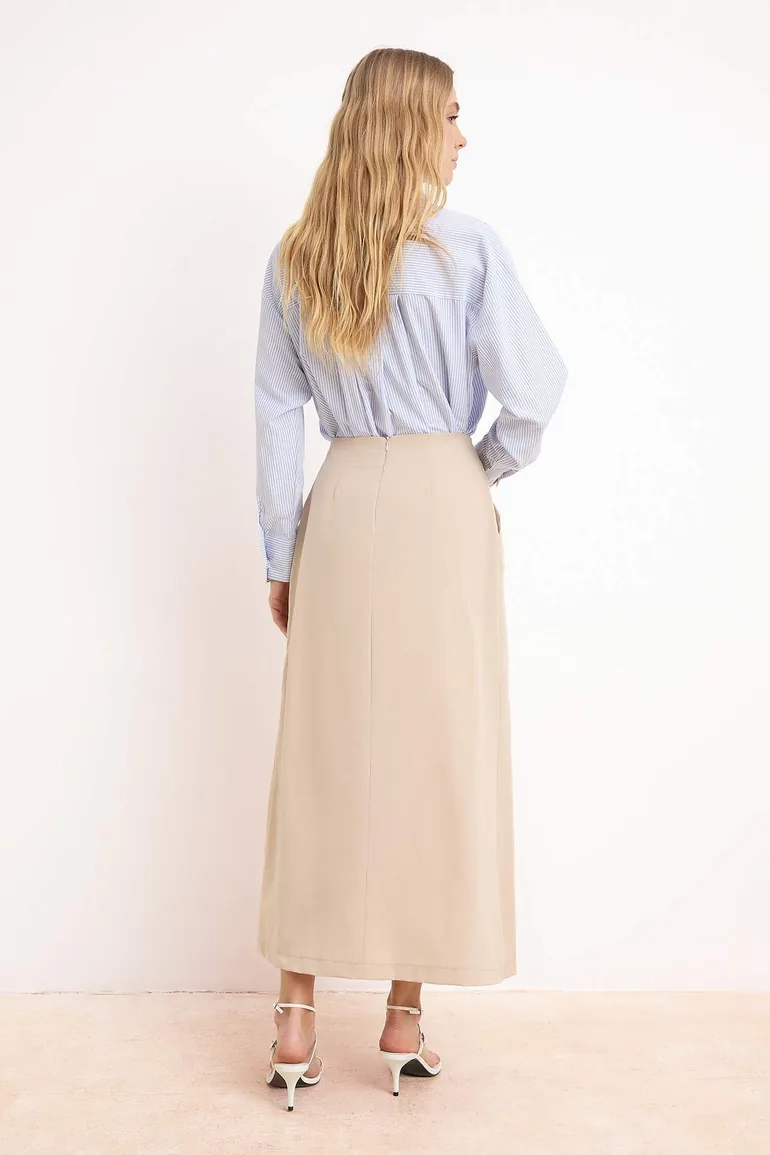 Beige Unlined Plain Woven Pleated and Pocket Detailed Hijab Skirt - 3