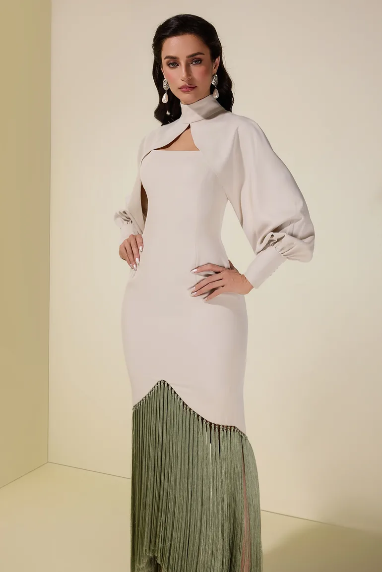 Tassel Slip Dress With Cape - 6