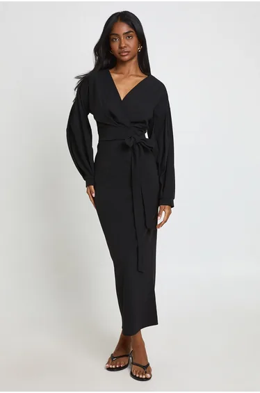 Off The Shoulder Wrap Front Midaxi Dress - black