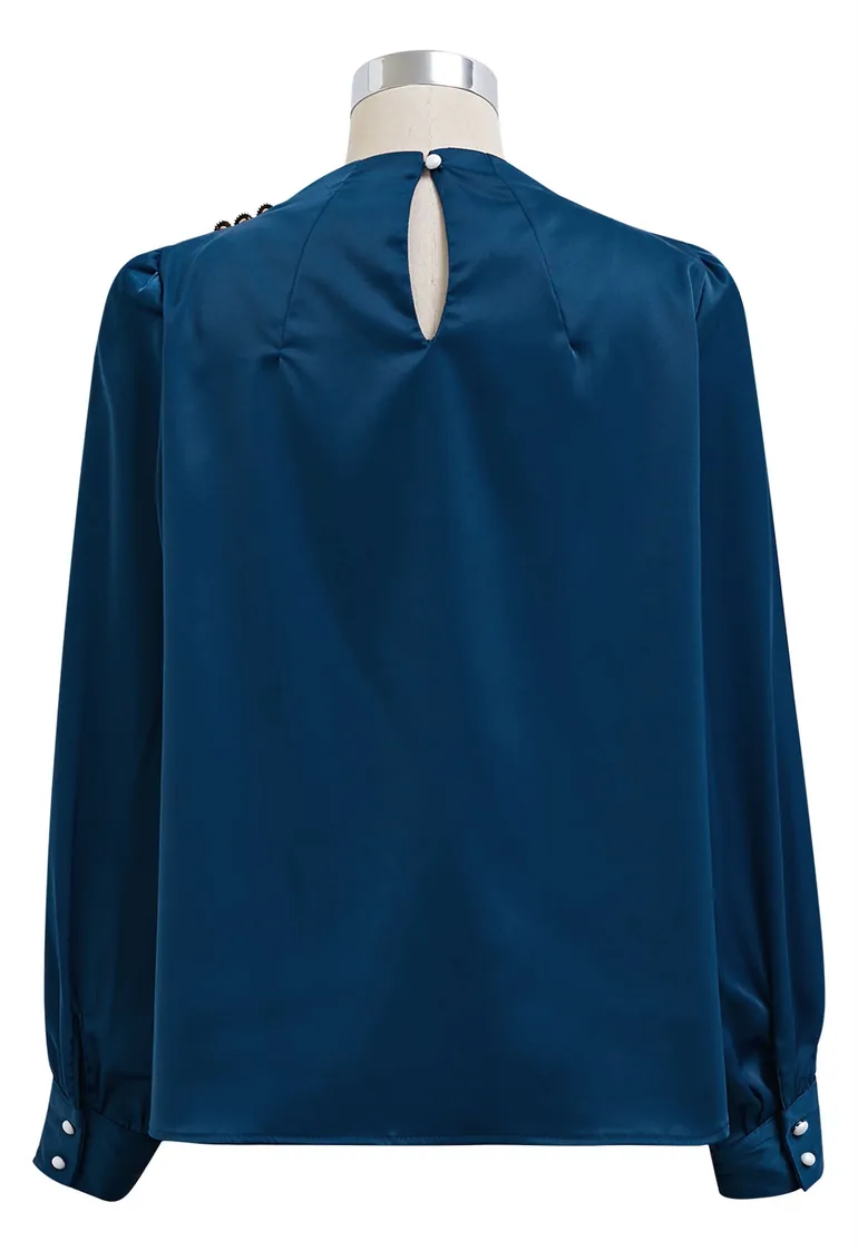 Buttoned Ruched Neck Satin Top in Indigo - 3