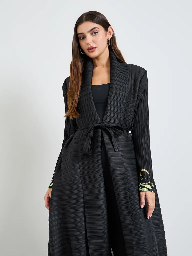 Printed Textured Pleated Open Front Abaya - 1