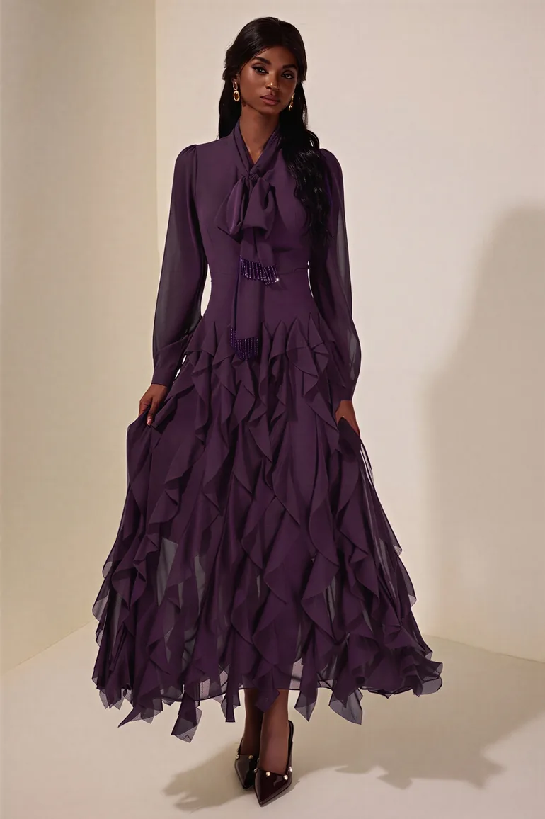 Chiffon Frill Beads Maxi Dress