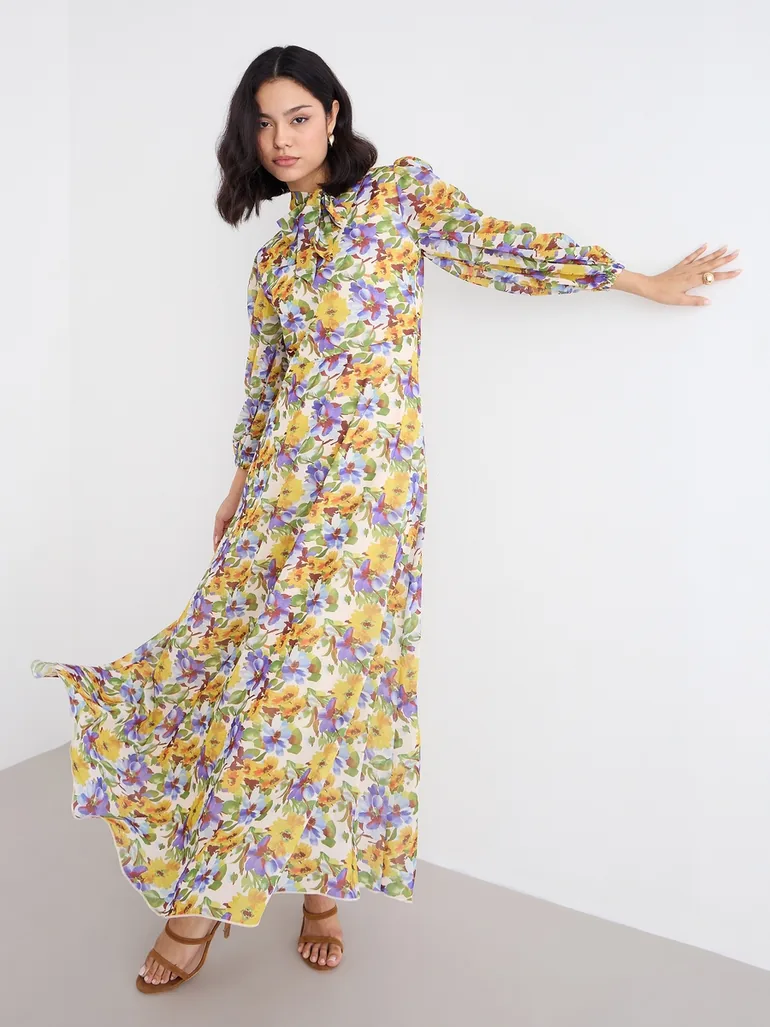 Tie-Up Neck All Over Print Maxi Dress - 1