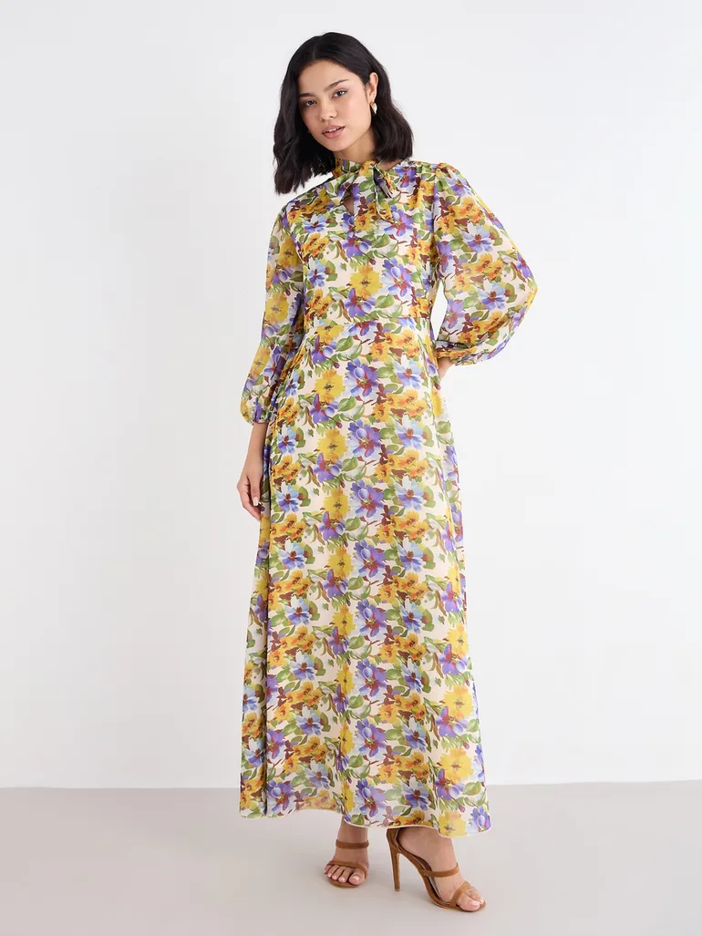 Tie-Up Neck All Over Print Maxi Dress