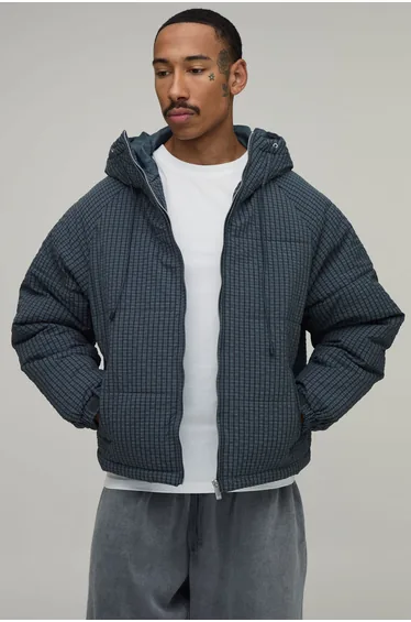 Regular Fit Check Hooded Puffer - teal