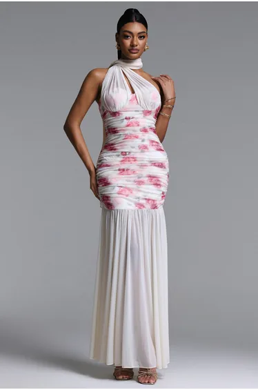 Margarete Romantic Contour Halter Ruched Floral Print Mesh Maxi Dress
