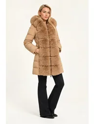 Camel Faux Fur Trim Belted Puffer Coat - 2