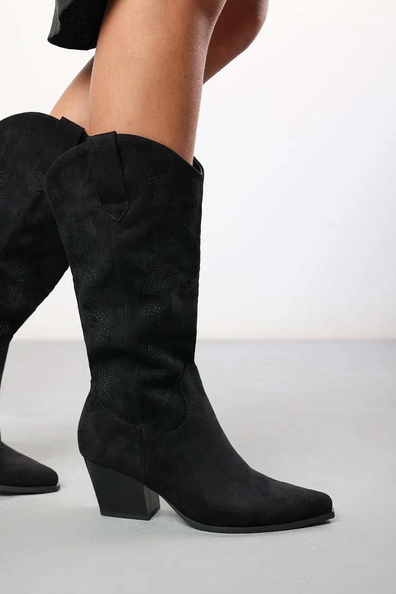Yasmine Calf Cowboy Boots Block Heel Western Embroidered In Black Suede - 4