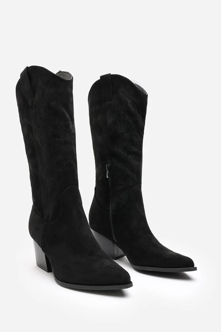 Yasmine Calf Cowboy Boots Block Heel Western Embroidered In Black Suede - 3