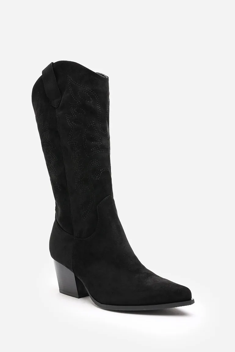 Yasmine Calf Cowboy Boots Block Heel Western Embroidered In Black Suede - 2