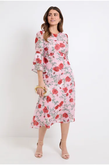 Floral Burn Out Ruffle Sleeve Midi Dress
