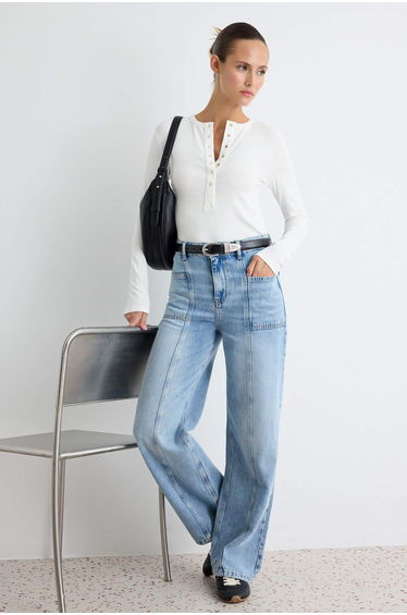 Premium Blue Tencel Blended High Waist Wide Leg Jeans with Stitching Detail