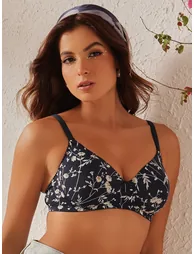 Dark Blue Floral Print Padded Full Coverage T-shirt Bra