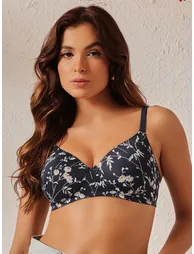 Dark Blue Floral Print Padded Full Coverage T-shirt Bra - 3