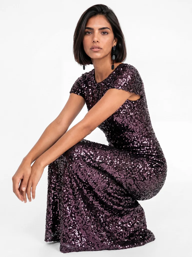 Maya Purple Sequin Flutter Sleeve V Back Maxi Dress - 4