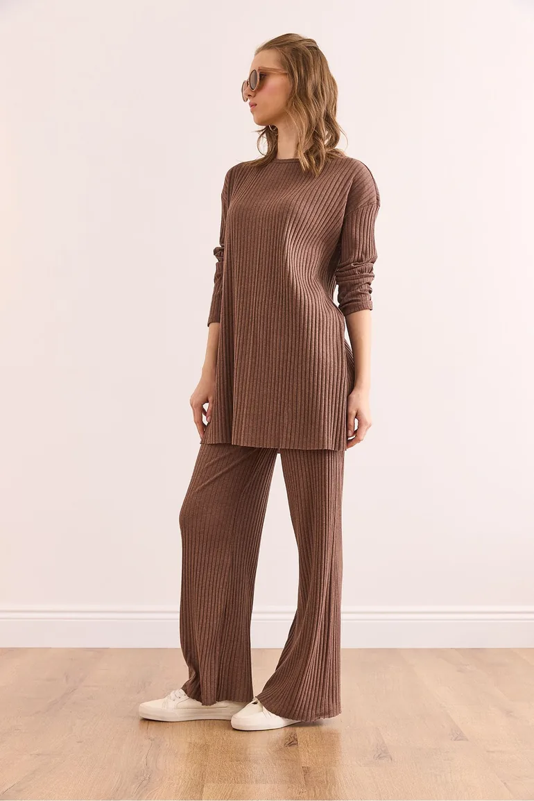 Women's Mink Top, Slit Blouse Bottom Palazzo, Corduroy Suit - 4