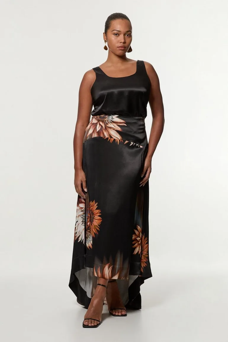 Plus Size Viscose Satin Printed Panelled Train Maxi Skirt