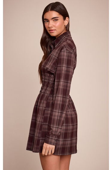Brown Check Cinched Waist Long Sleeve Shirt Dress product thumbnail 2