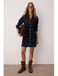 Dark Blue Front Button Mini Denim Skirt - 1