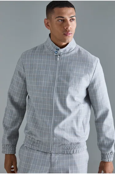 Check High Neck Zip Up Smart Bomber Jacket - grey