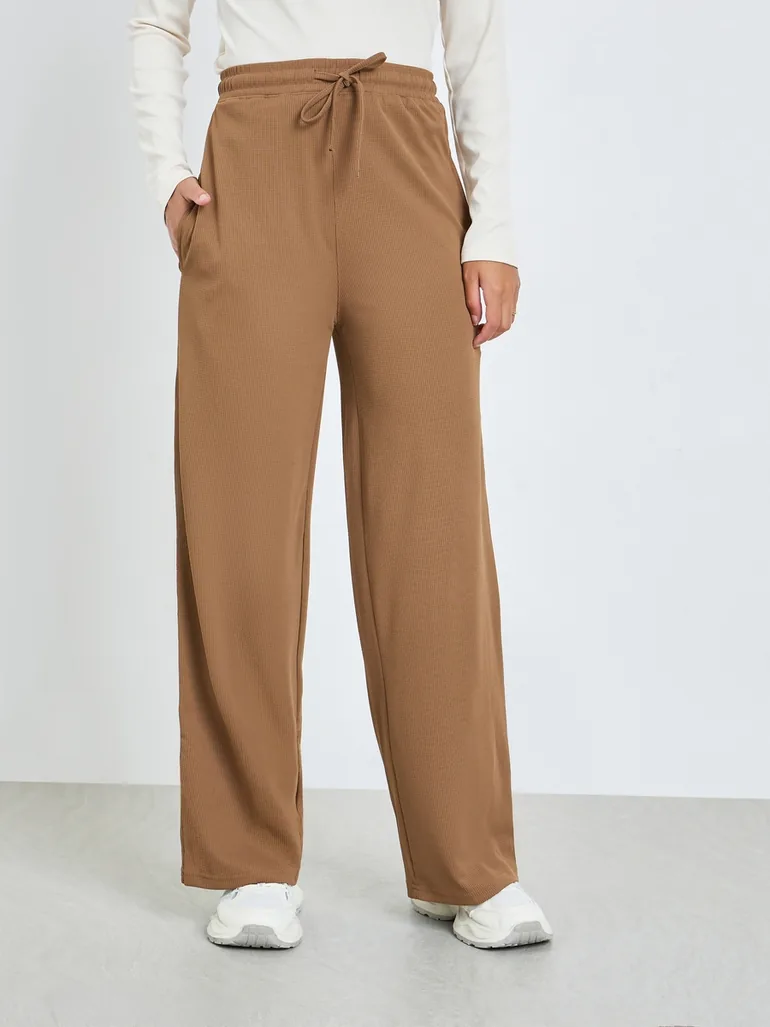Beige Solid Wide Leg Joggers - 1