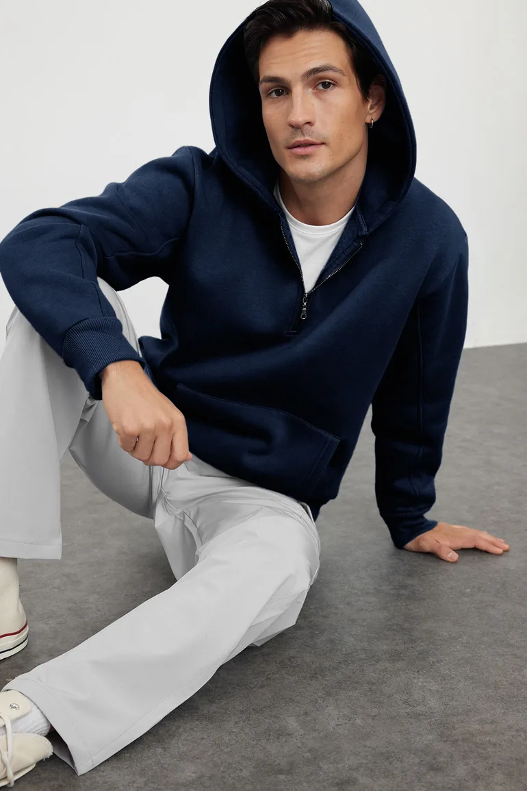 Navy blue oversize/wide cut zippered hooded fleece lined basic sweatshirt - 5